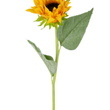 De Kunst Zonnebloem Real Touch 61cm heeft een enkele kunstzonnebloem met heldergele bloemblaadjes, een donkerbruin hart, twee grote groene bladeren en een lange groene steel, perfect om te laten zien tegen een witte achtergrond.