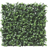 De Kunsthaag Eucalyptus 50x50 cm UV is een vierkant paneel met dichte, kleine, ronde kunstmatige eucalyptusbladeren, dicht opeengepakt voor een levendige en natuurlijke look, perfect voor het creëren van weelderige verticale tuinen of decoratieve muren binnen of buiten.