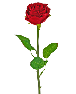 De Kunstbloem Roos Klassiek 54 cm rood is een enkele rode kunstroos met een groene steel en bladeren, tegen een effen witte achtergrond.