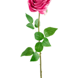 De Kunstroos Real Touch 56 cm roos heeft een enkele roze kunstroos met levensechte groene bladeren op een lange steel, tegen een effen witte achtergrond.