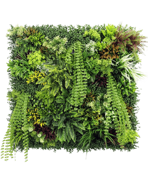 De Kunsthaag Lush Deco Deluxe 100x100 cm UV is een vierkant verticaal tuinpaneel met dicht, gestructureerd groen met een mix van bladplanten, varens en grassen - perfect voor het creëren van een levendige natuurlijke display tegen een witte achtergrond.
