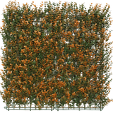 De Kunsthaag Buxus oranje 50x50 cm UV is een vierkant kunstpaneel met groen en oranje gebladerte op een kunststof rooster, ideaal als decoratieve haag of privacyscherm, hier afgebeeld tegen een effen witte achtergrond.
