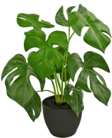 De Kunst Monstera 40 cm in sierpot zwart is een kunstmatige Monstera met grote, glanzend groene bladeren met natuurlijke gaten en scheuren, in een eenvoudige zwarte sierpot gevuld met donkere aarde.