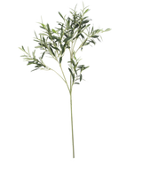 Het Kunst olijfblad 90 cm UV, met slanke groene bladeren en een lange steel, steekt af tegen een witte achtergrond voor een subtiele Mediterrane sfeer.