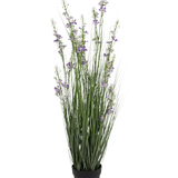 Een Kunstgras Gierst Uien graspot van 90 cm hoog en merkvast, met kunstgras in een strakke zwarte pot.