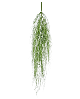 De Kunst hangplant Kelp gras 91 cm heeft een enkele stengel van donzig groen kunstloof met lange, dunne bladeren die sierlijk neervallen tegen een effen witte achtergrond.
