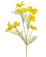 De Kunstbloem Cosmos 74 cm geel heeft heldergele bloemen en delicate, vederlichte groene bladeren op slanke stelen - perfect om een boeket te maken tegen een effen witte achtergrond.