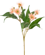 De Kunsttak Bloeiende Eucalyptus 62 cm oud roze heeft lange groene bladeren en ronde, piekerige lichtroze bloemen met gele hartjes, perfect als oud roze decoratie en afgebeeld geïsoleerd op een witte achtergrond.