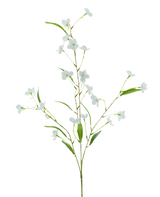 De Kunstbloem Alstroemeria Real Touch Wit 100 cm heeft slanke groene bladeren en kleine witte bloemen op een delicate steel, tegen een effen witte achtergrond.