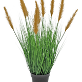 De Kunst Grasplant Struisriet 80 cm brandvertragend heeft lange, slanke groene sprieten en hoge bruine pluimen in een zwarte pot, tegen een witte achtergrond - ideaal voor kunstplantenliefhebbers.