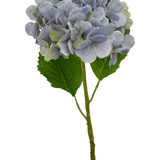 Een enkele Kunst Hortensia Deluxe 57 cm lila steel met lichtpaarse bloemblaadjes en twee grote groene bladeren, geïsoleerd op een witte achtergrond.