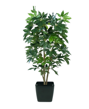De Kunstplant Schefflera 150 cm heeft meerdere stelen en glanzend groene bladeren, gepresenteerd in een zwarte rechthoekige plantenbak tegen een effen witte achtergrond.