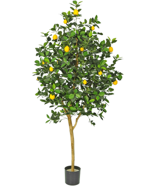 De Kunstplant Citroenboom 150 cm heeft een bruine stam, groene bladeren en meerdere gele citroenen in een pot tegen een effen witte achtergrond.