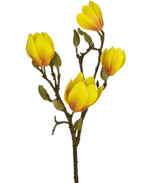 De Kunstbloem Magnolia 50 cm geel/oranje, met verschillende felgele en oranje bloemen met groene knoppen, valt op als een opvallende kunstbloemen decoratie tegen een effen witte achtergrond.