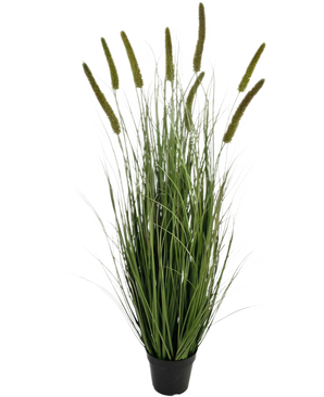 De Kunstgras Cattail Uiengraspot 120cm brandvertragend is een siergras in pot met lange, dunne groene sprieten en meerdere hoge, rechtopstaande zaadhoofden, tegen een effen witte achtergrond.
