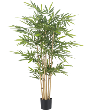 De Kunstplant Bamboe 150 cm brandvertragend heeft hoge, lichtbruine stengels en weelderige groene bladeren. Het biedt blijvende schoonheid en extra brandveiligheid voor elke ruimte binnenshuis, hier afgebeeld tegen een effen witte achtergrond.