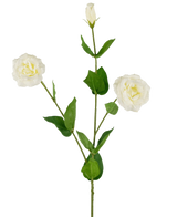 De Kunst Eustoma Real Touch Wit 72cm heeft een enkele groene steel met twee open witte bloemen, een gesloten knop en weelderige groene bladeren, allemaal tegen een effen witte achtergrond.