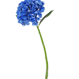 De Kunstbloem Charlotte Hortensia Real Touch donkerblauw is een enkele blauwe kunsthortensia met groene steel en bladeren, 55 cm hoog, geïsoleerd op een witte achtergrond.