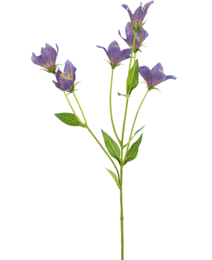 Het Kunstbloem Grasklokje 62 cm paars heeft een enkele groene steel met meerdere takken, elk versierd met delicate paarse bloemen en groene bladeren, tegen een effen witte achtergrond.