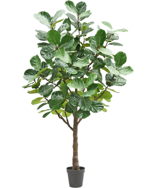 De Kunstboom Tabaksplant 270 cm is een hoge kunstboom met weelderige, grote groene bladeren en een stevige bruine stam, in een kleine zwarte pot tegen een effen witte achtergrond.