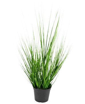 De Kunst Grasplant Ui 48 cm brandvertragend is een kleine zwarte plastic pot met lange, dunne, levendige groene grasachtige bladeren tegen een effen witte achtergrond.