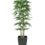 De Kunstplant Bamboe 300 cm brandvertragend heeft slanke groene bladeren en meerdere lichtbruine stelen in een eenvoudige zwarte vierkante pot, tegen een effen witte achtergrond.