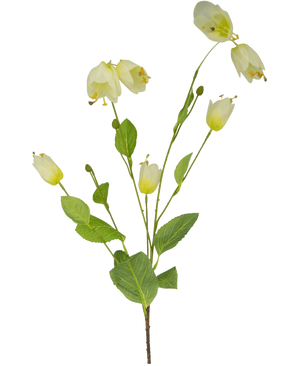 Een Kunstbloem Parelmoervlinder 94 cm groot met een enkele groene steel, meerdere witte klokvormige bloemen en meerdere groene bladeren op een effen witte achtergrond.