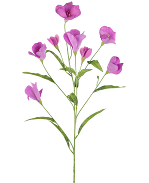 Een enkele tak van Kunst Rhododendron Azalea Real Touch Paars 80cm met meerdere takken toont delicate paarsroze bloemen en knoppen tegen een effen witte achtergrond.