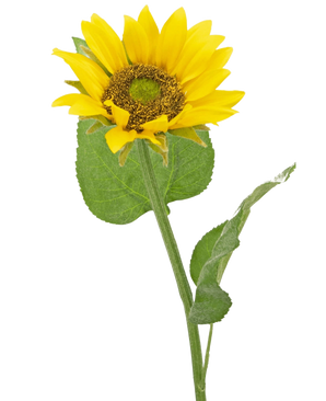 De Kunst Zonnebloem Deluxe 52 cm is een kunstzonnebloem met heldergele bloemblaadjes, een donkerbruin hart en groene bladeren op een lange steel, gefotografeerd tegen een effen witte achtergrond.